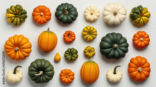 Variety of decorative pumpkins on white background. Top view.