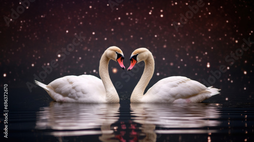 Two swans in love on the water with a starry background