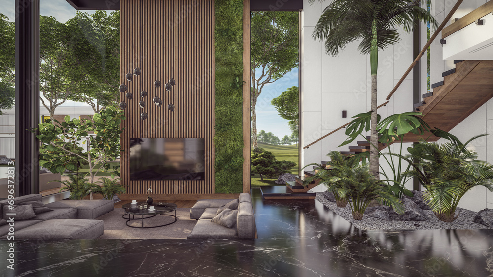 3d rendering of expensive cozy interior with green walls with living dining zone stair and kitchen for sale or rent. Spacious apartments with expensive furniture, equipment and flowers