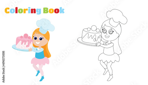 Coloring page. Little cute girl holds a huge cake with cream in her hands. The child is happy and wearing a chef's hat. Character design.