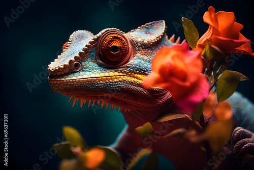 Close-Up eines buntes Chamäleons, umgeben von bunten Blüten, Tierfotografie, erstellt mit generativer KI