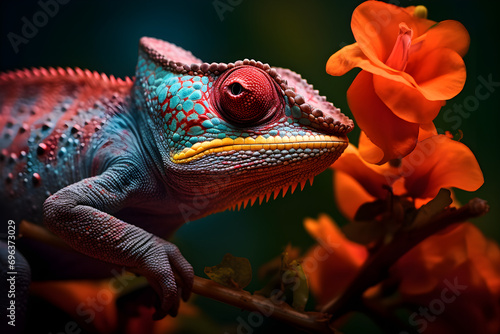 Close-Up eines buntes Chamäleons, umgeben von bunten Blüten, Tierfotografie, erstellt mit generativer KI photo