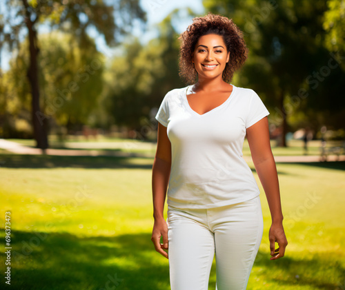 Smiling plus size Latina woman wearing a white t-shirt standing in a park photo