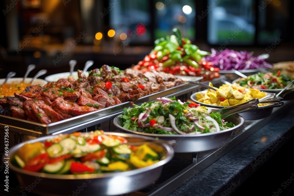 Restaurant buffet table with a mix of meat dishes and colorful salads