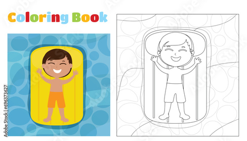 Coloring page. A happy boy lies on an inflatable mattress on the water and sunbathes. The child is wearing shorts and smiling. Summer holiday cartoon style top view.