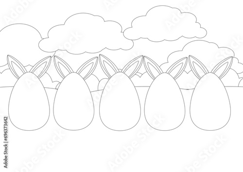 Coloring page. Large painted eggs stand on the green grass and the ears of the Easter Bunny stick out from behind. A long horizontal banner depicting a beautiful spring day.
