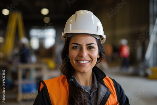 Smiling female construction engineer with safety gear
