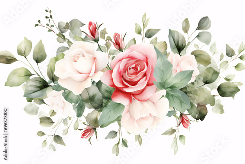 Watercolor Flowers Bouquets  illustration with green gold leaves centre on white background for wedding invitations  greetings  wallpapers  fashion  prints 