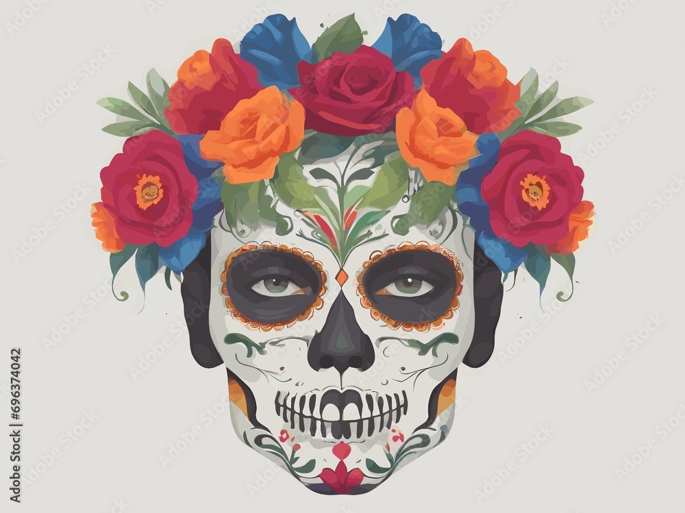 Mexican. Man with Day of the Dead makeup and flower. Generative AI