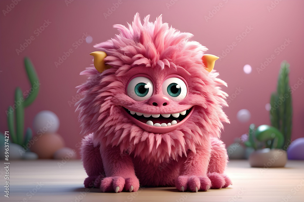 Cute furry little pink monster. Generative AI
