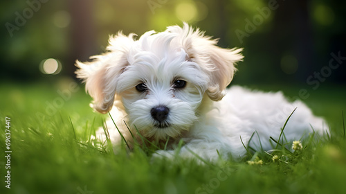A white Maltipoo puppy is lying on the grass. Maltese and Poodle mix. generative AI