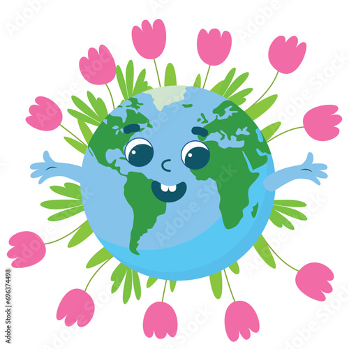 Planet Earth with a cheerful face is smiling joyfully with tulip flowers next to it. Illustration cartoon style isolated on white background.