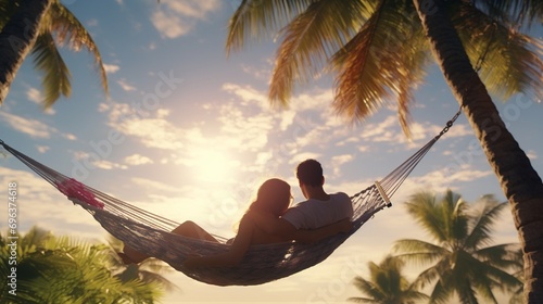 Foto A pair of lovers lying on a hammock strung between two palm trees, swaying gently in the breeze as they share laughter and tender moments