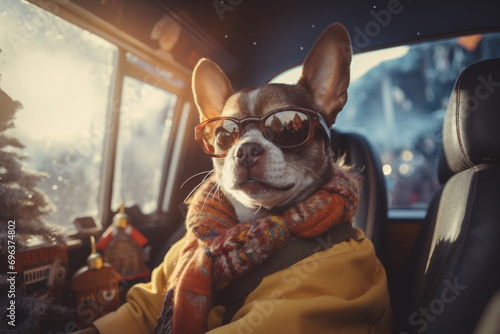Cute Christmas Dog with sunglasses looking out of a car filed with Christmas gifts, Generative AI © LS Visuals