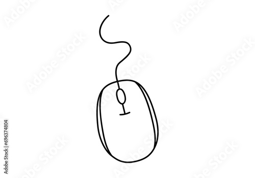 Hand drawn cute outline illustration of pc mouse. Flat vector computer accessory sticker in line art doodle style. Office or working device icon or print. Information technology. Isolated.