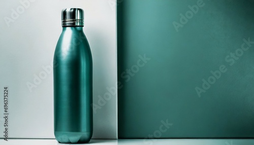 close up of reusable steel thermo water bottle on white background tidewater green of color 2021 trend photo