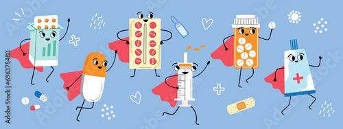Cartoon pharmaceutical super heroes. Comic medicinal preparations characters, funny pills, syringes and capsules with cute faces, vector set.eps