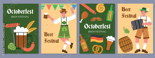 Annual beer holiday cards. Oktoberfest people in traditional bavarian clothes, german food, drink celebration, malt drink party, vector set.eps