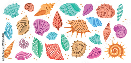 Cartoon decorative seashell. Tropical mollusk mineral formations, marine life shells, color doodle ocean elements, underwater, vector set.eps