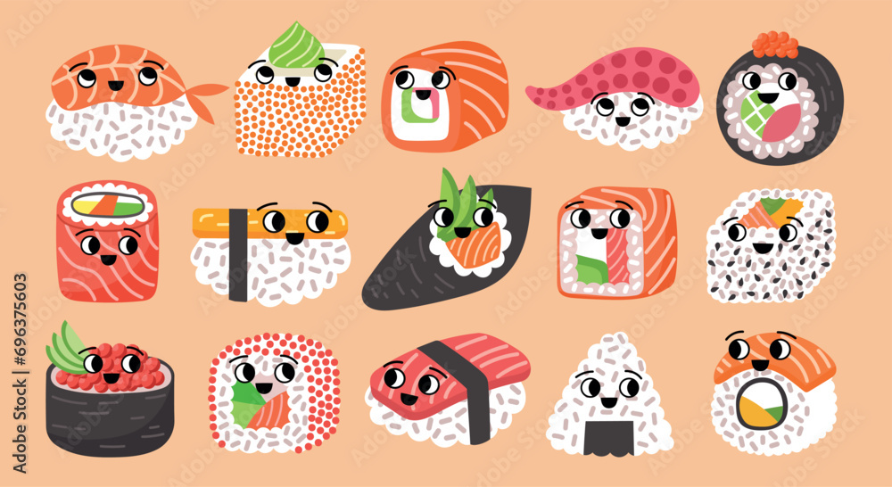 Fototapeta premium Kawaii japanese food. Funny sushi characters, cold asian snacks, cute rolls with comic faces, nori algae, salmon and boiled rice, vector set.eps