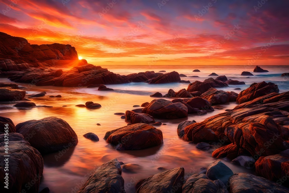 A tranquil coastal inlet, with gentle waves lapping against weathered rocks and the vibrant colors