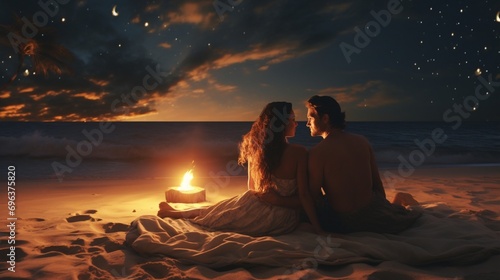 Foto A romantic scene with a couple lying on a beach blanket, gazing up at the stars in the night sky, surrounded by the sounds of the ocean and the warmth of a bonfire
