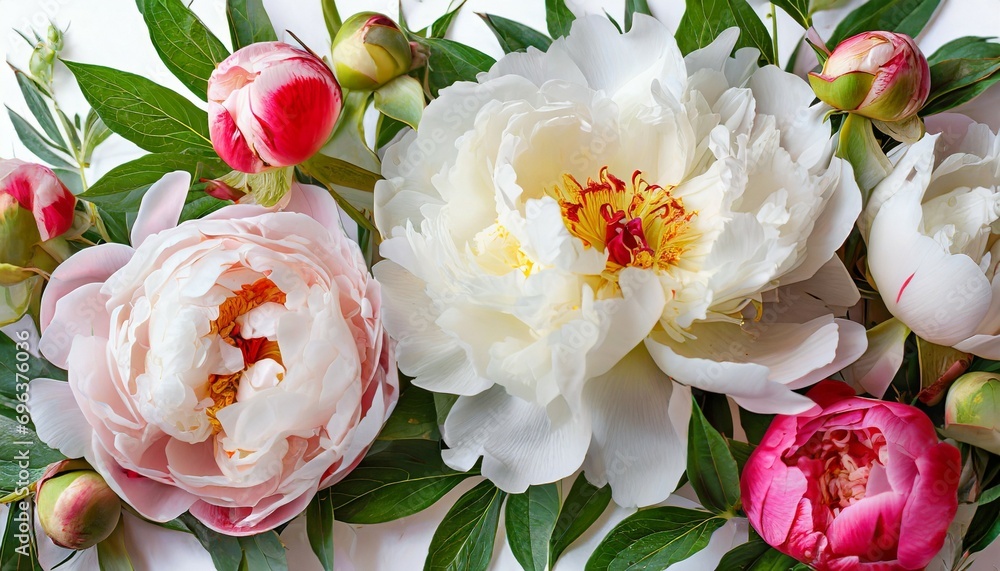 romantic banner delicate white peonies flowers close up fragrant pink petals