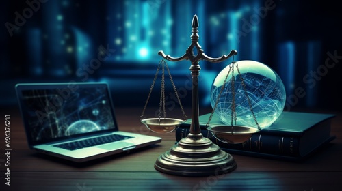 Smart law, legal advice icons and lawyer working tools in the lawyers office showing concept of digital law and online technology