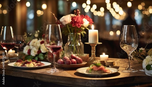 elegant and select wedding decoration restaurant table wine glass and appetizers on the bar table soft light and romantic atmosphere dinner service menue guests candle photo