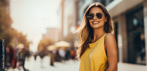  young smiling woman with aviator sunglasses and yellow dress stands on the city fashion shopping street photo