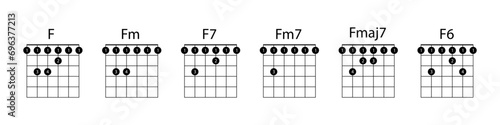 Set of chords F illustration. Guitar, notes, music, string, song, treble clef, consonance, notation, melody, school, musician, barre. Vector icons for business and advertising