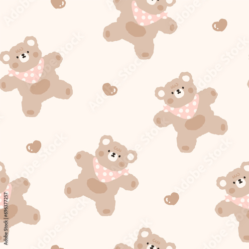 beage cute hand drawn teddy bears with brown hearts on a neutral background, seamless pattern
