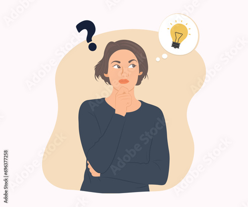 A beautiful young woman stands and contemplates a good plan for a successful business. Vector illustration.