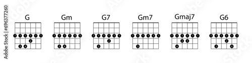 Set of chords G illustration. Guitar, notes, music, string, song, treble clef, consonance, notation, melody, school, musician, barre. Vector icons for business and advertising