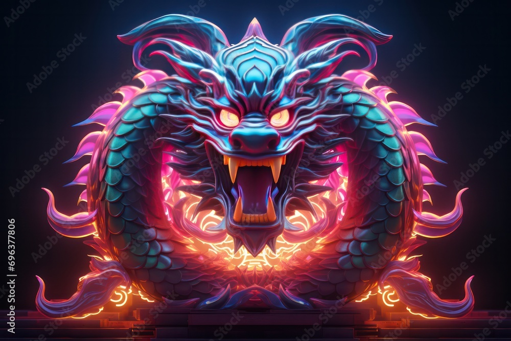 Fototapeta premium Chinese lunar year red golden wooden dragon symbol 3d render illustration. Non western asian culture celebration and holidays.