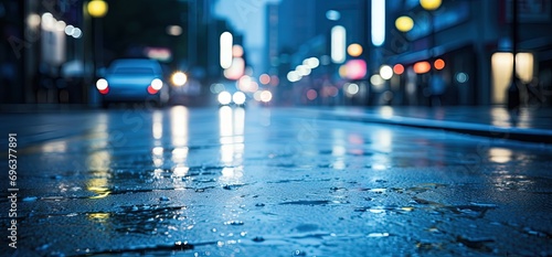 abstract background bokeh blur light of wet city road after rain with light, urban city backdrop, Generative Ai