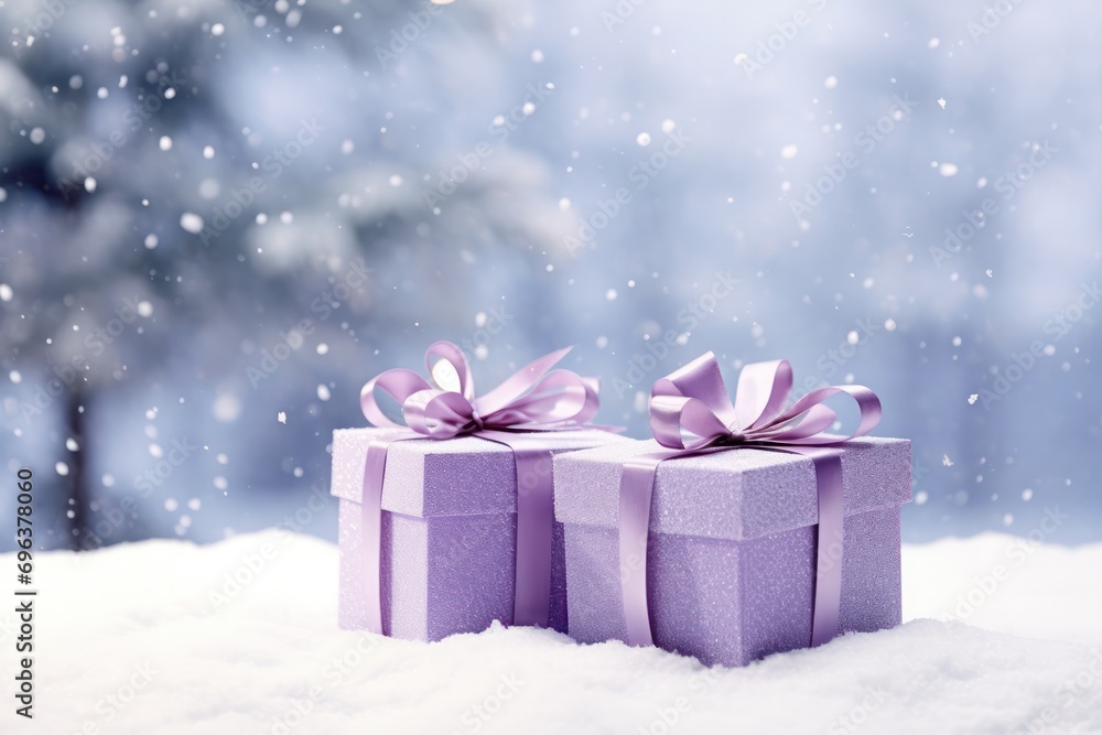 lilac minimal christmas gift boxes 3d render festive background with copy space in winter forest with snow falling lilac minimal christmas gift boxes 3d render festive background with copy space in winter forest with snow falling