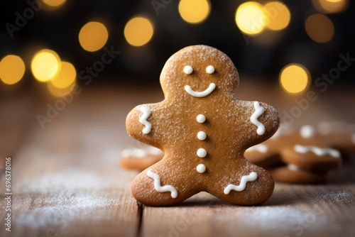gingerbread man homemade cookie in the kitchen with lights bokeh as Christmas dinner dessert