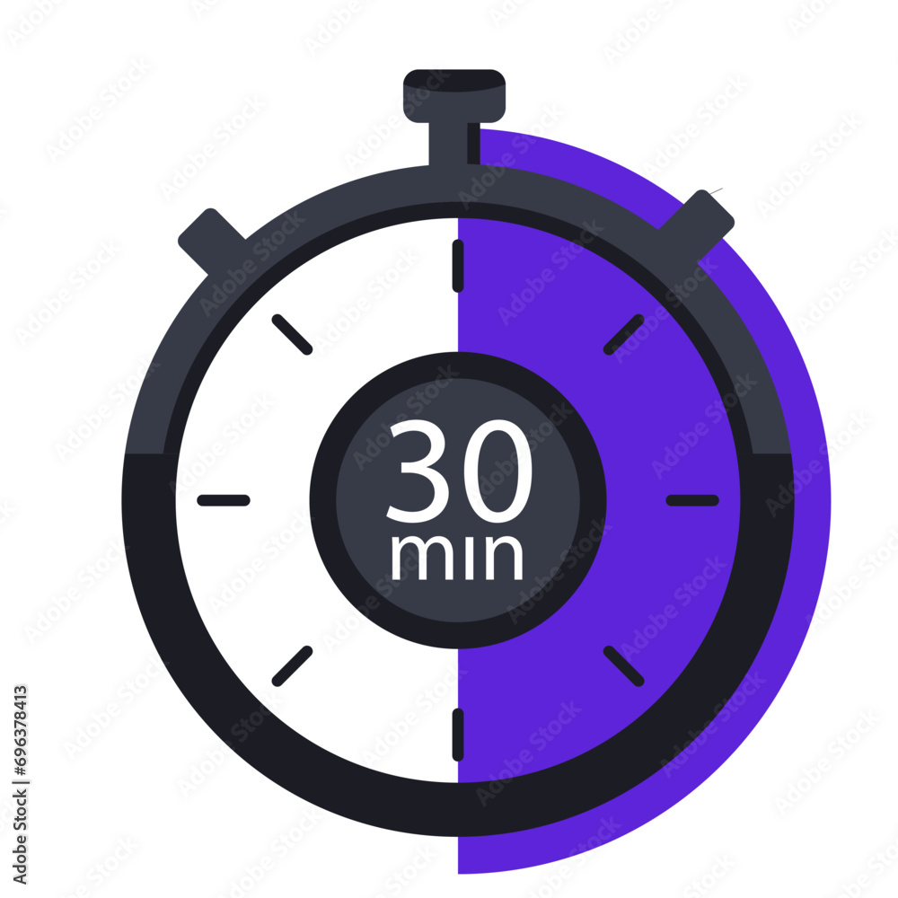 Timer with 30 minutes on dial illustration. Time, stopwatch, alarm clock, clock, second, hour, minute, countdown, chronometer, hands, mechanism. Vector icons for business and advertising Timer with 30 minutes on dial illustration. Time, stopwatch, alarm clock, clock, second, hour, minute, countdown, chronometer, hands, mechanism. Vector icons for business and advertising