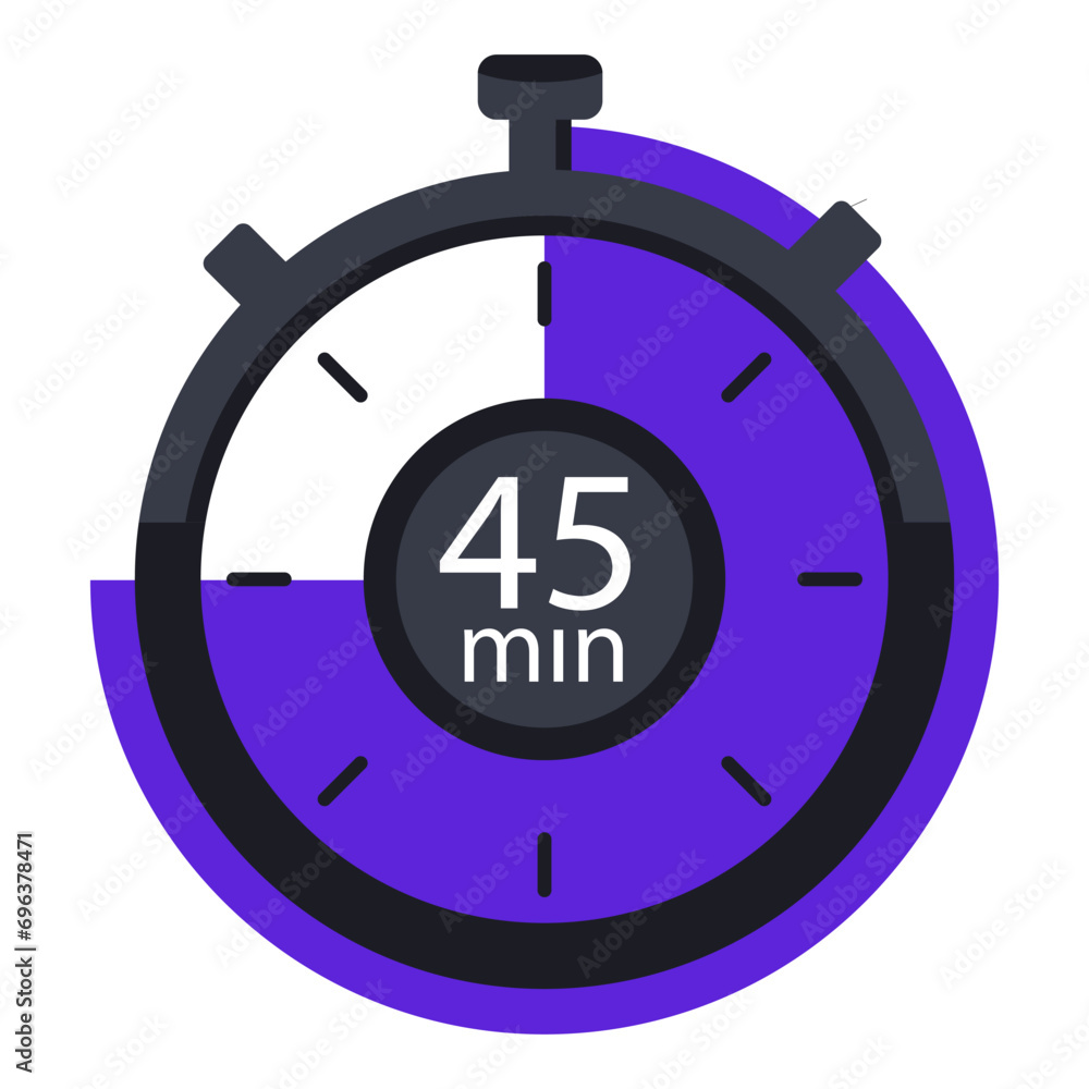 Timer with 45 minutes on dial illustration. Time, stopwatch, alarm clock, clock, second, hour, minute, countdown, chronometer, hands, mechanism. Vector icons for business and advertising Timer with 45 minutes on dial illustration. Time, stopwatch, alarm clock, clock, second, hour, minute, countdown, chronometer, hands, mechanism. Vector icons for business and advertising