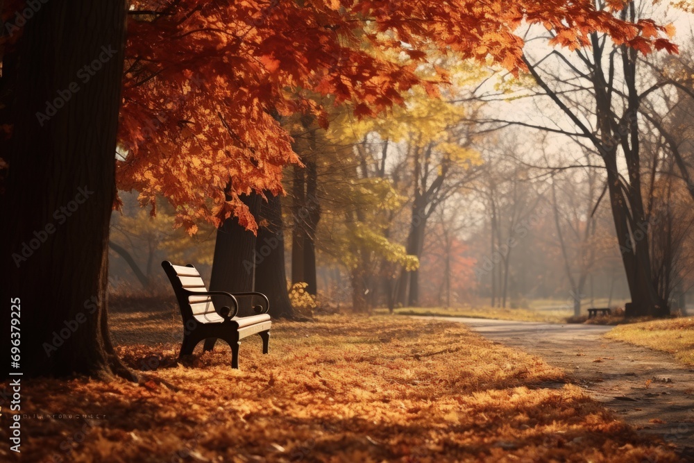 Welcoming wooden bench in a park with autumn leaves.
