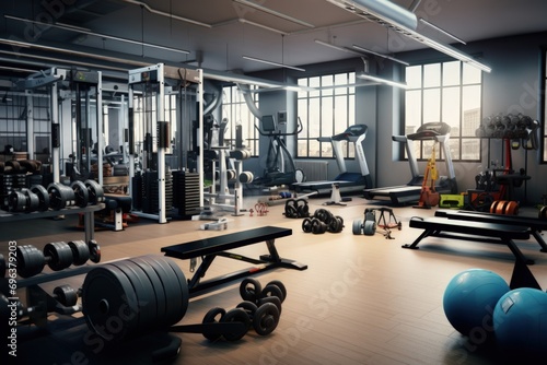 Modern gym interior with sport and fitness equipment, fitness center inteior, inteior of crossfit and workout gym, 3d rendering 