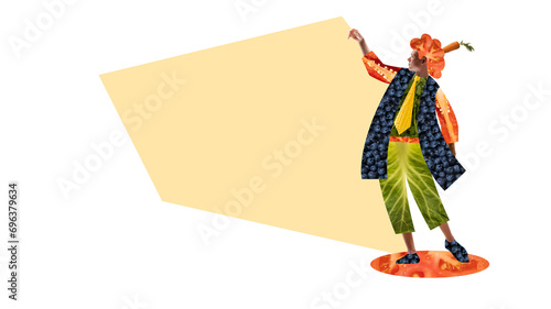 Contemporary art collage. Young man dressed in textured costume from vegetables pointing to white background with negative space for text. Concept of food, restaurant, healthy dieting, cuisine. Ad