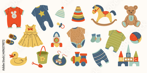 Baby toys and clothes set in hand drawn style. Different clothing for kids and infants. Baby clothes and accessories. Childhood, children games, preschool activities concept. Isolated elements.