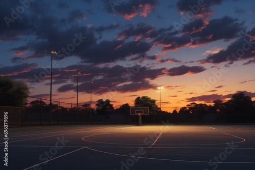 Outdoor basketball court at a beautiful evening 