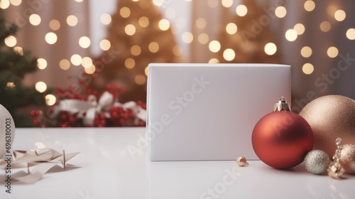 A festive display of a white gift box and colorful Christmas balls decoration on the table with a gold blurred bokeh background.