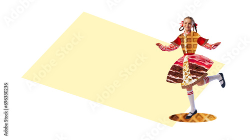 Contemporary art collage. Happy, cheerful little girl wearing in textured tasty dress from delicious sweet dessert against white background. Concept of food, restaurant, healthy dieting, cuisine. Ad
