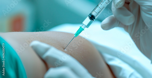 Vaccination shot administered on upper arm or shoulder by a healthcare professional. Shallow field of view
 photo