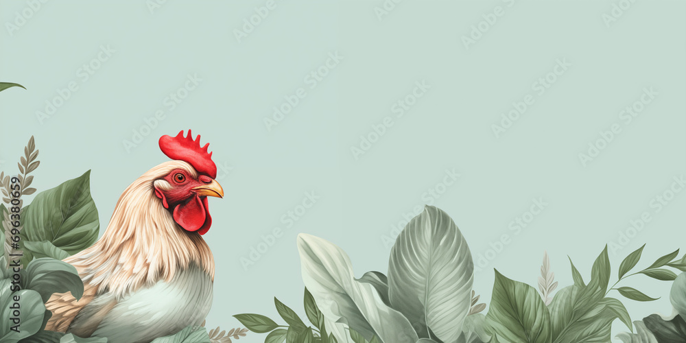 Organic farm banner. A chicken on a pastel green teal background with copy space. Hen or rooster surrounded with herbs and flowers. Poultry business website banner. - obrazy, fototapety, plakaty 