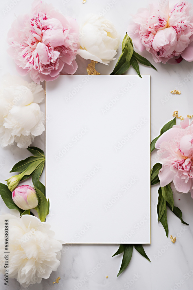 Vertical wedding stationery mock up scene. White blank paper for invitations and greeting card with peonies flowers composition.